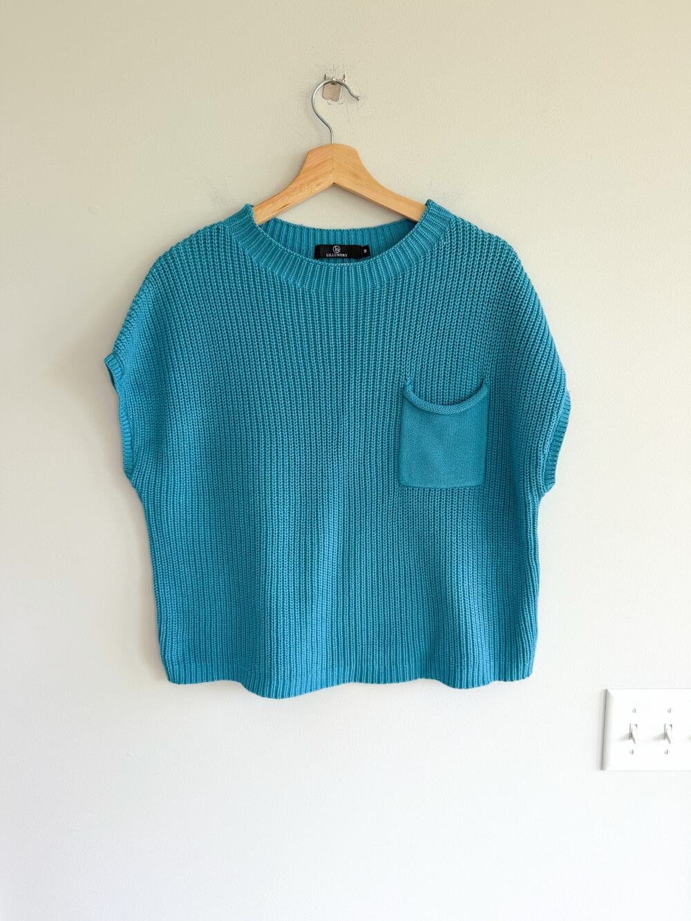 Lillusory Ribbed Knit Crew Neck Short Sleeve Pullover Sweater Teal M